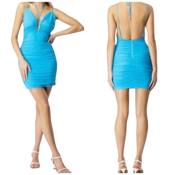 Bardot Rania Blue Mesh Ruched Bodycon Mini Dress Small - Picture 1 of 7